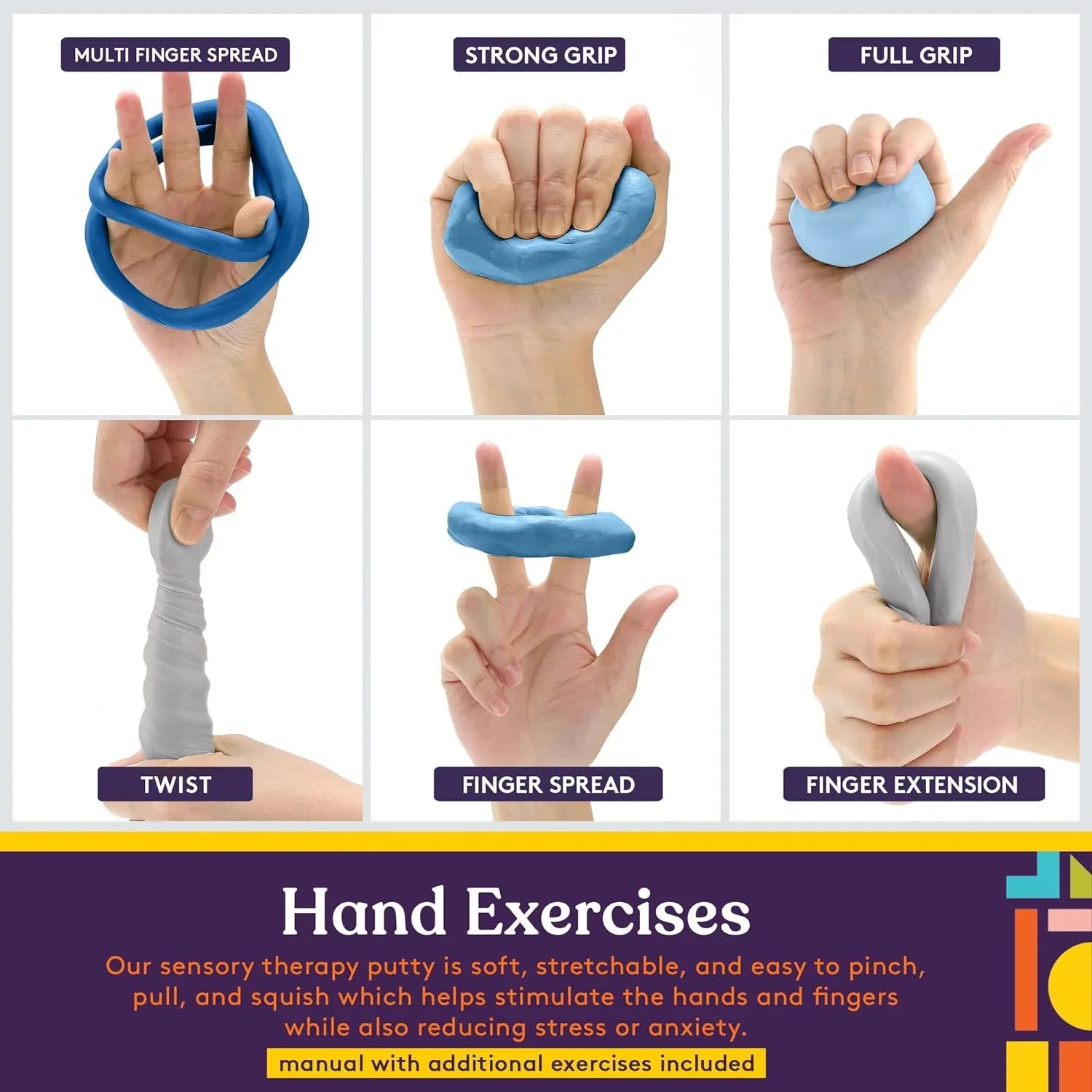 Hand therapy putty used for sensory hand exercises, including grip, twist, and stretch.