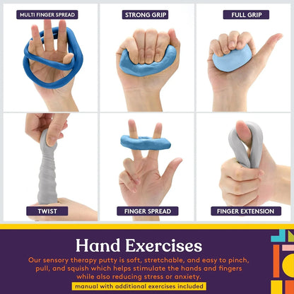 Hand therapy putty used for sensory hand exercises, including grip, twist, and stretch.