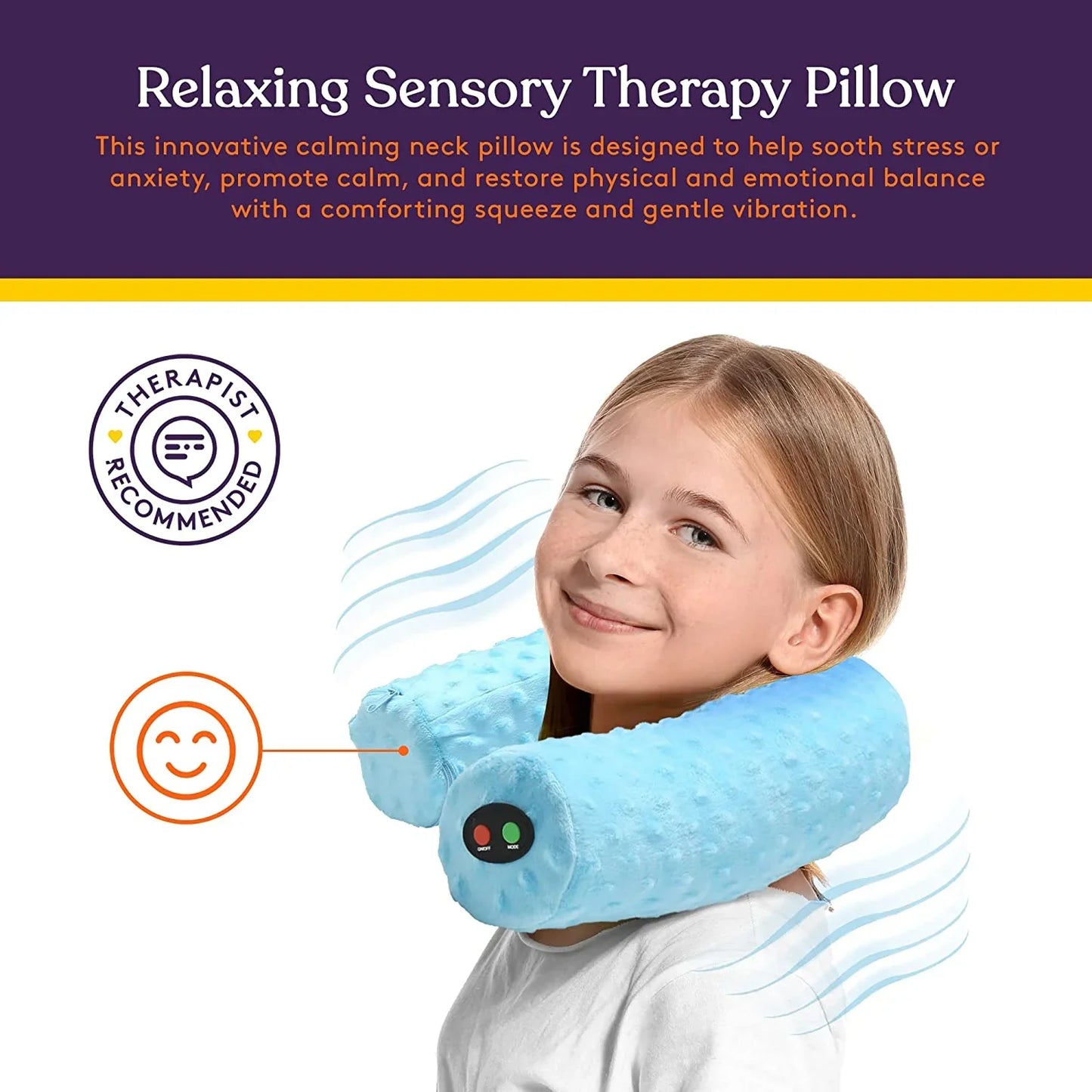 Girl wearing a blue sensory neck pillow with vibration for calming and stress relief.