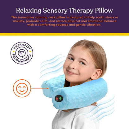 Girl wearing a blue sensory neck pillow with vibration for calming and stress relief.