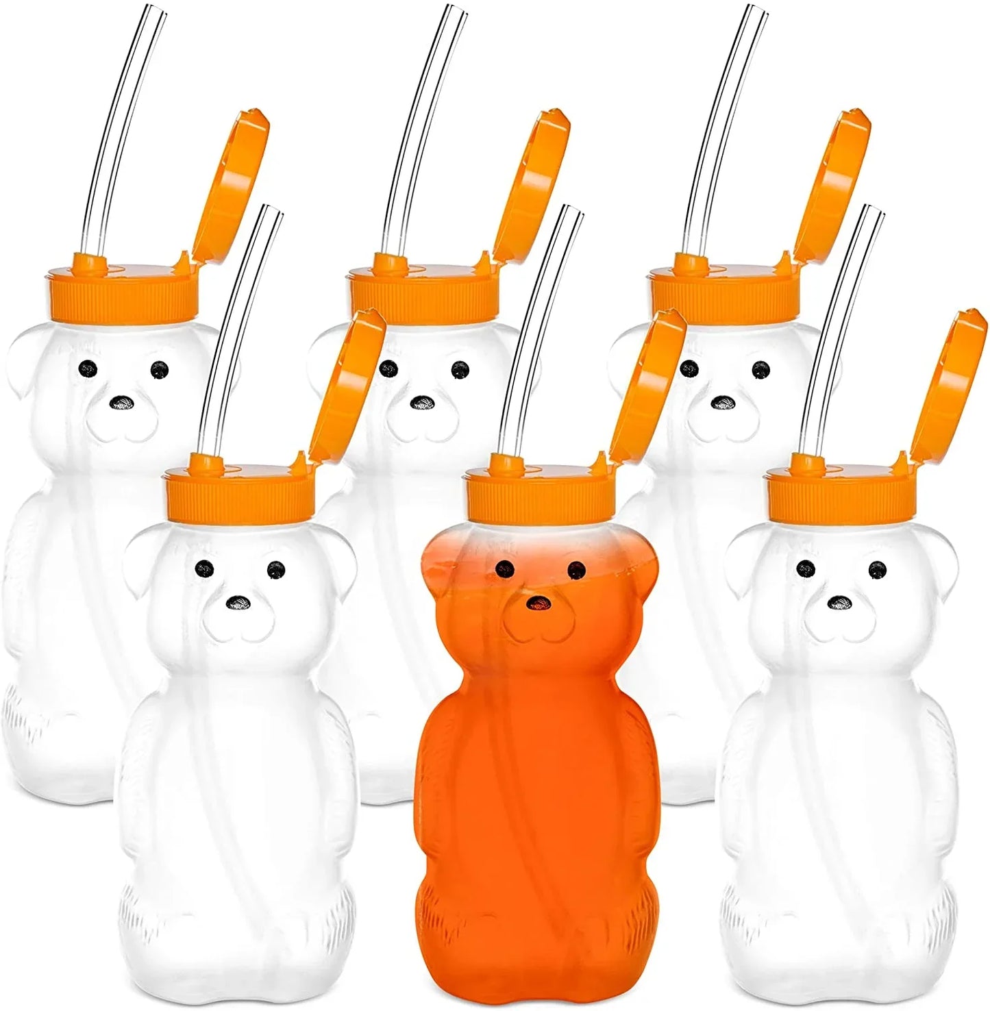 Set of six bear-shaped drink bottles with orange lids and straws, one filled with orange liquid