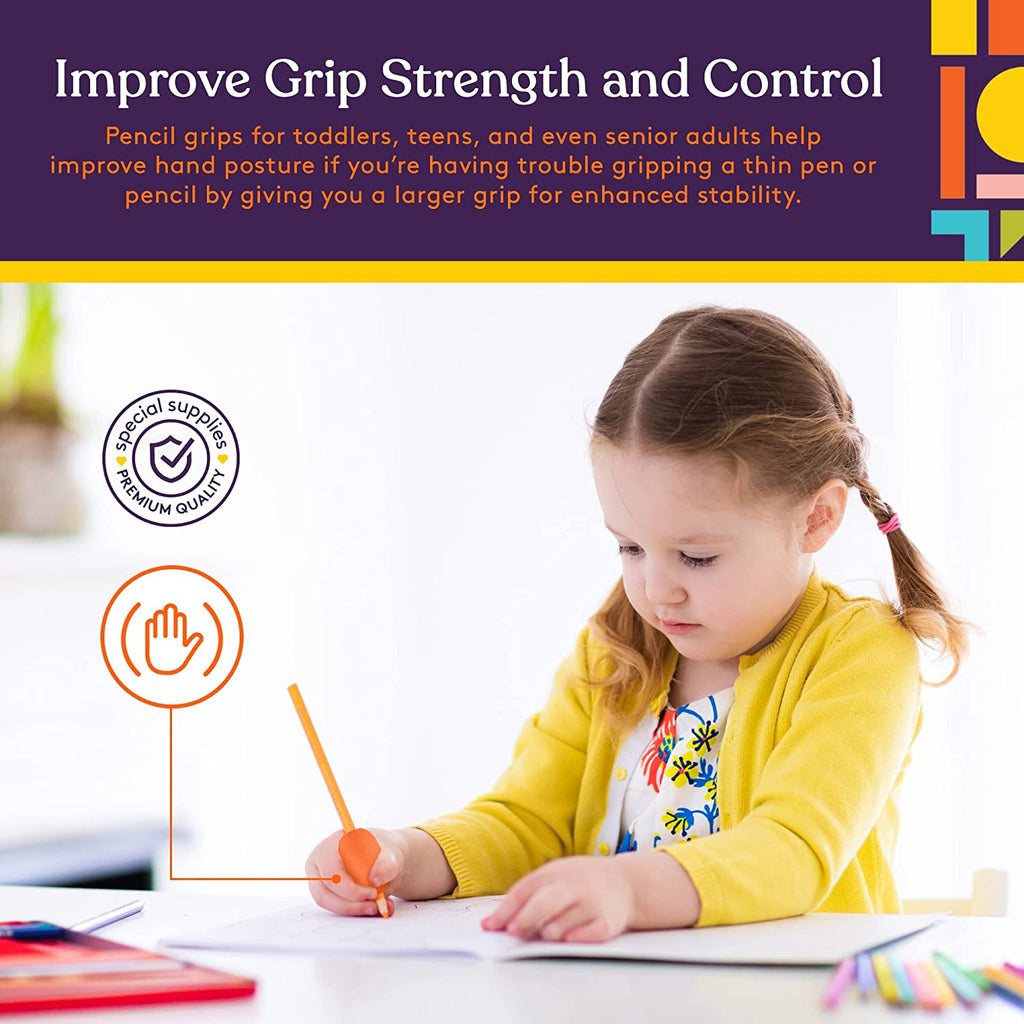 Child writing with a pencil grip device on a white background