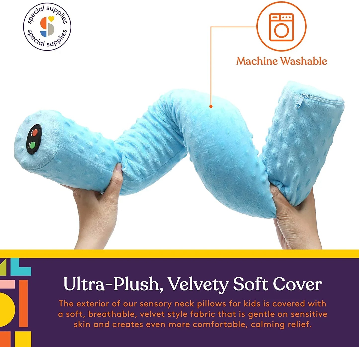 Blue sensory neck pillow with ultra-plush velvety cover, machine washable, held by hands.
