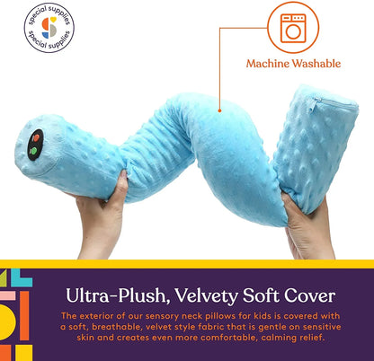 Blue sensory neck pillow with ultra-plush velvety cover, machine washable, held by hands.