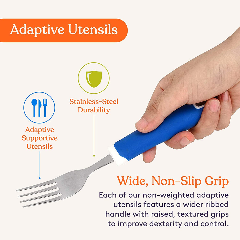 Set of 5 Blue Adaptive Utensils - Stainless Steel Knife, Rocker Knife, Fork, Soup Spoon, Dinner Spoon - Insight Family Market