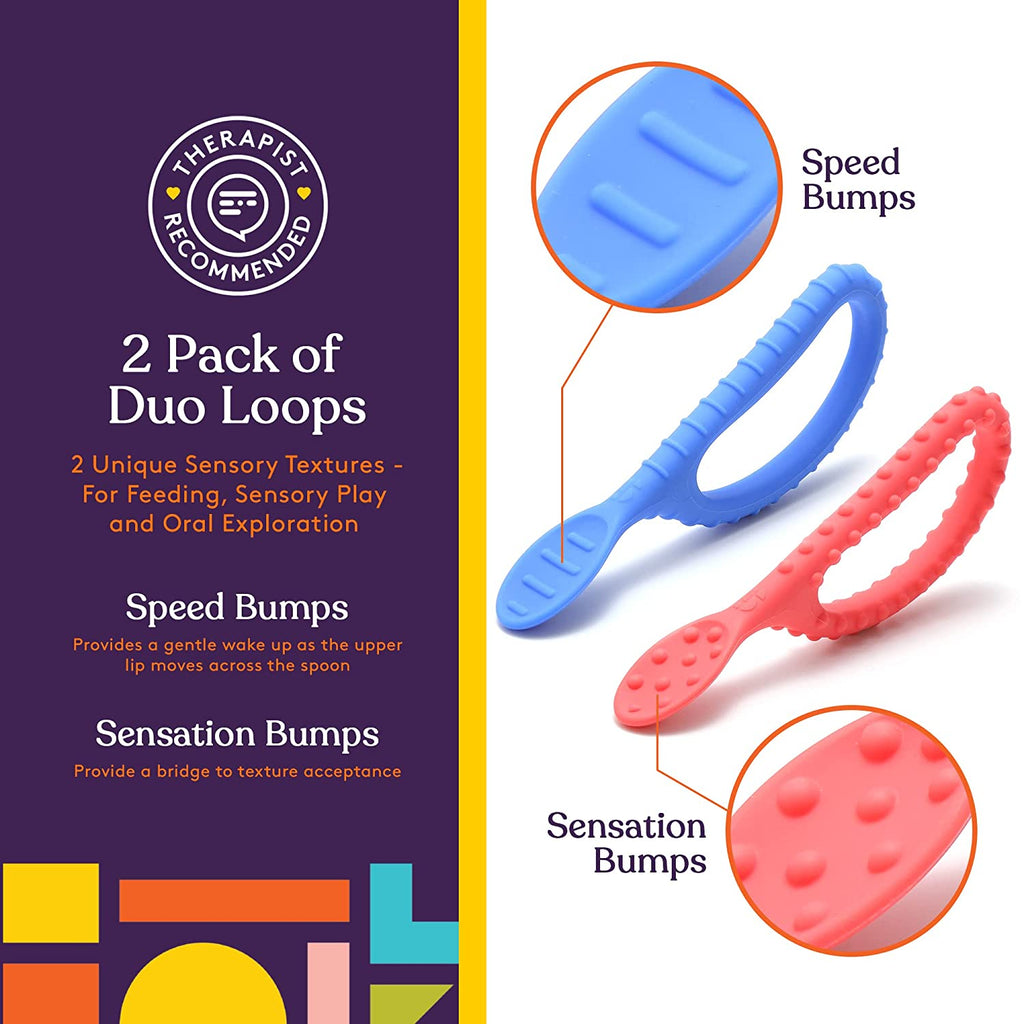 Special Supplies Duo Spoon Loops Oral Motor Therapy Tools, 2 Pack, Textured Stimulation and Sensory Input Treatment for Babies, Toddlers or Kids, BPA Free Silicone with Flexible, Easy Handle - Red & Blue - Insight Family Market