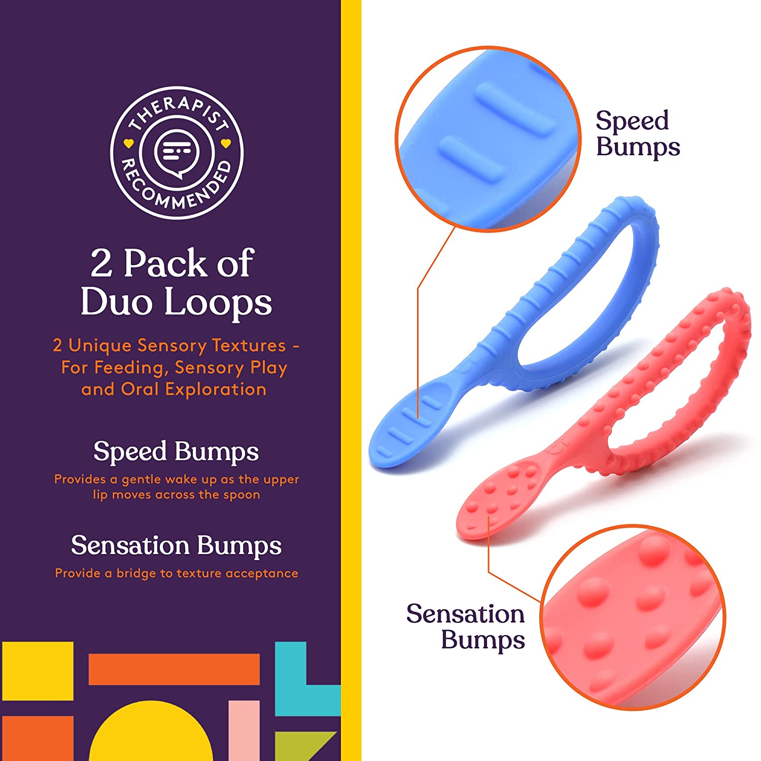 Special Supplies Duo Spoon Loops Oral Motor Therapy Tools, 2 Pack, Textured Stimulation and Sensory Input Treatment for Babies, Toddlers or Kids, BPA Free Silicone with Flexible, Easy Handle - Red & Blue - Insight Family Market