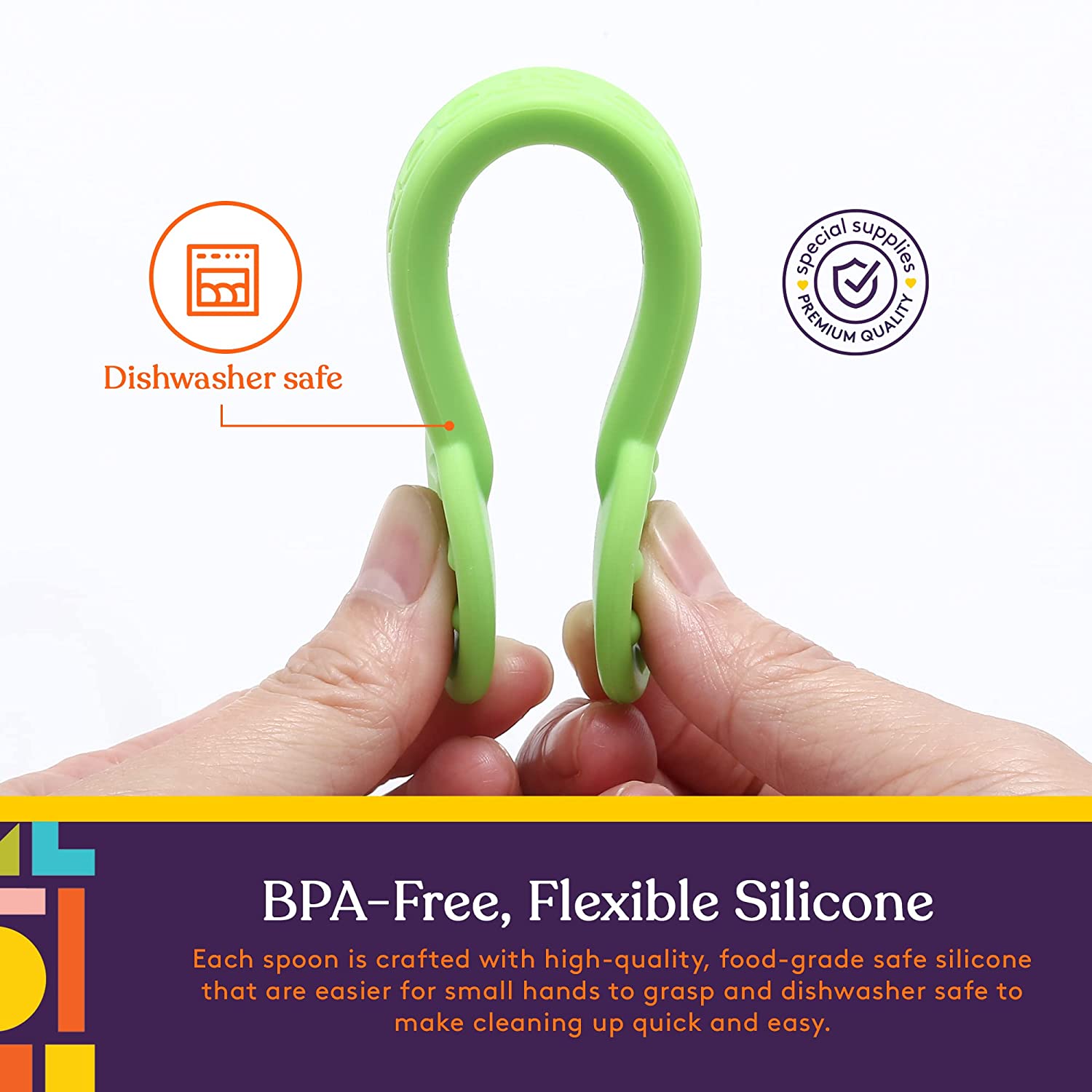 Green silicone spoon held by a hand with product features highlighted on a white background
