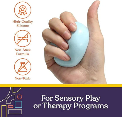 Hand squeezing blue silicone sensory stress ball for sensory play or therapy, non-toxic and non-stick.