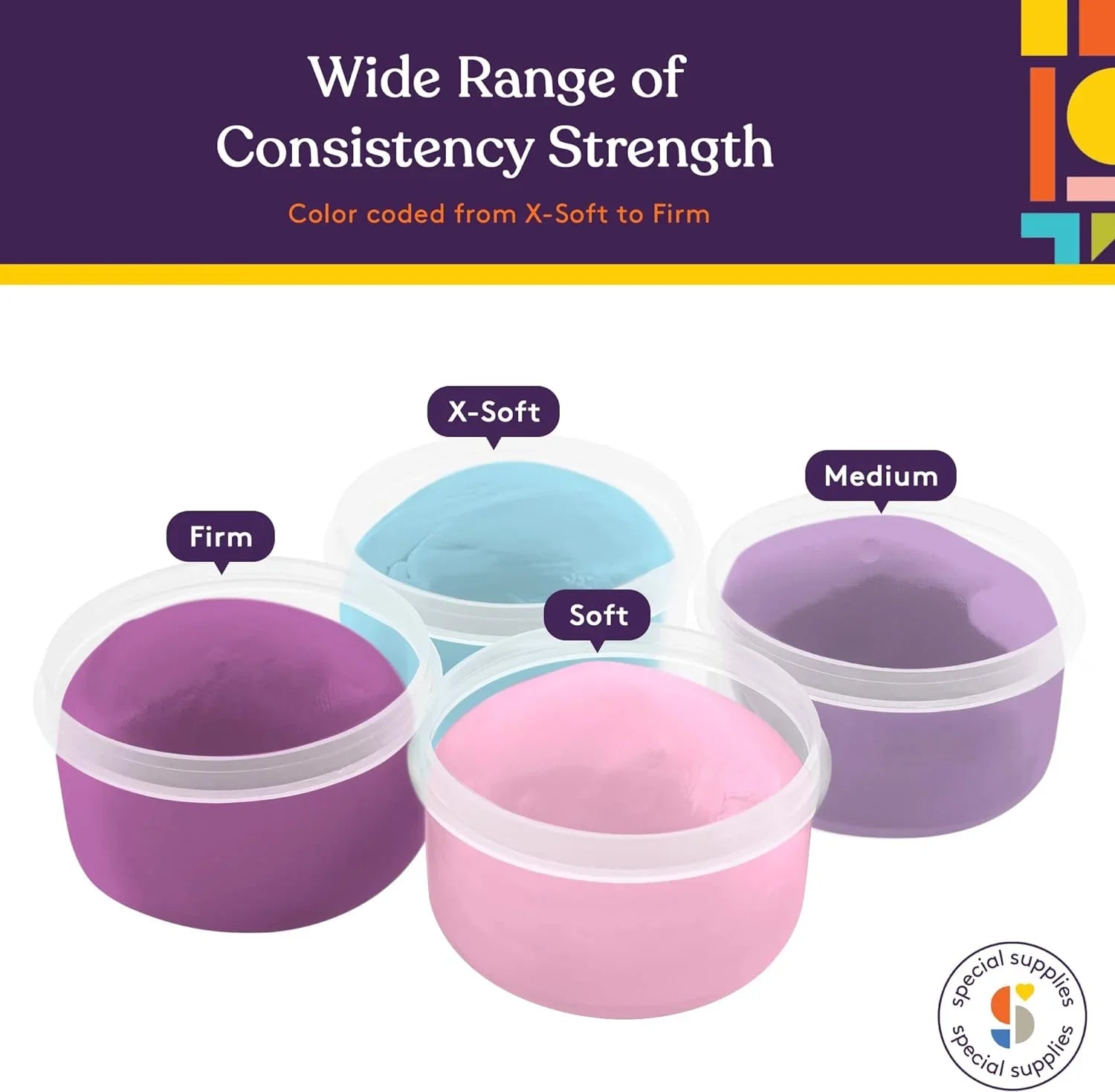 Four color-coded sensory putty tubs labeled X-Soft, Soft, Medium, and Firm for therapy use