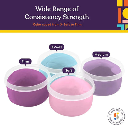 Four color-coded sensory putty tubs labeled X-Soft, Soft, Medium, and Firm for therapy use
