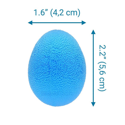 Blue textured sensory egg stress ball with measurements, 1.6 x 2.2 inches