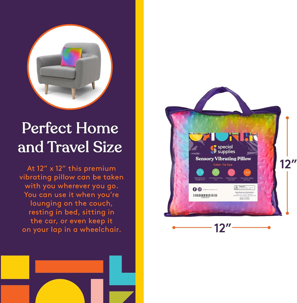 Vibrating Pillow Sensory Pressure Activated for Kids and Adults, 12” x 12” Plush Minky Soft Cover, Colorful - Insight Family Market