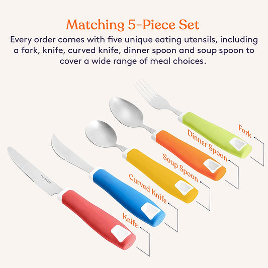 Set of 5 Colored Adaptive Utensils - Stainless Steel Knife, Rocker Knife, Fork, Soup Spoon, Dinner Spoon - Insight Family Market