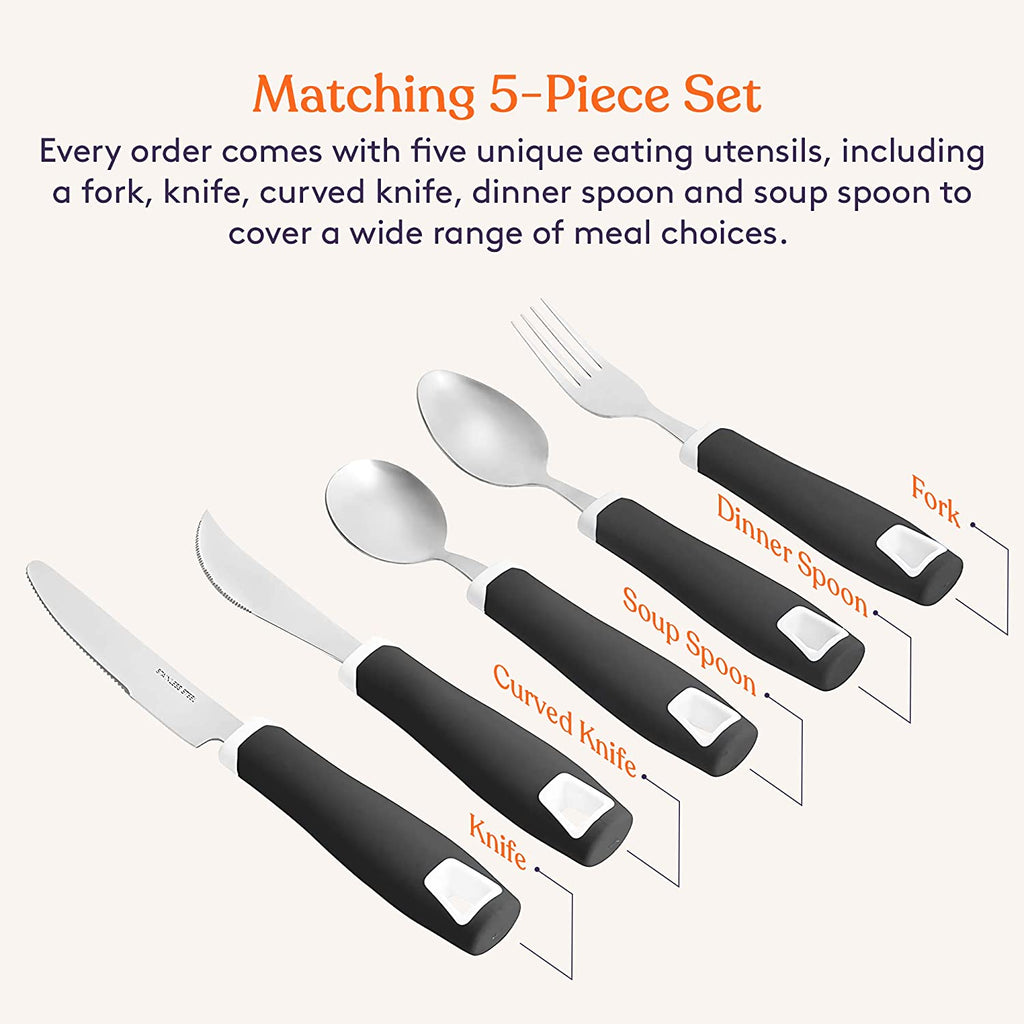 Set of 5 Black Adaptive Utensils - Stainless Steel Knife, Rocker Knife, Fork, Soup Spoon, Dinner Spoon - Insight Family Market