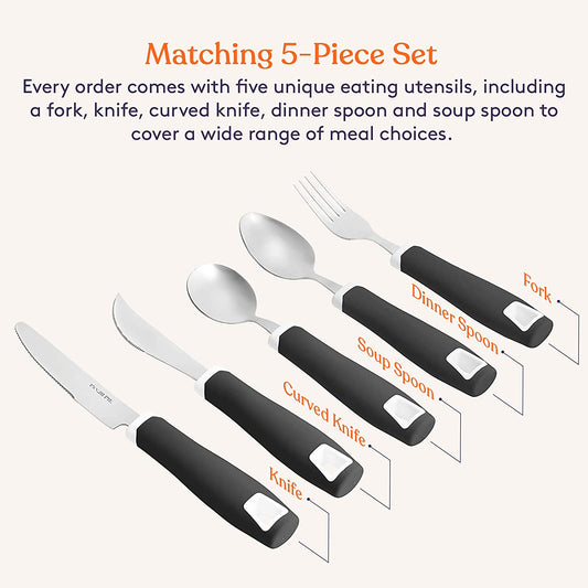 Set of 5 Black Adaptive Utensils - Stainless Steel Knife, Rocker Knife, Fork, Soup Spoon, Dinner Spoon - Insight Family Market