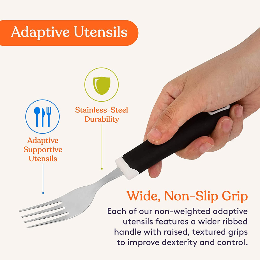 Set of 5 Black Adaptive Utensils - Stainless Steel Knife, Rocker Knife, Fork, Soup Spoon, Dinner Spoon - Insight Family Market