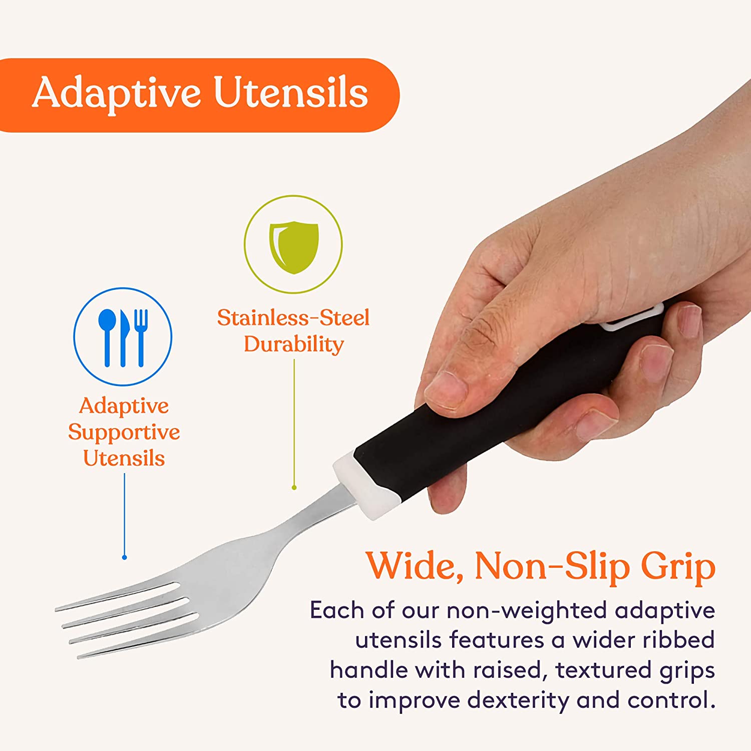 Set of 5 Black Adaptive Utensils - Stainless Steel Knife, Rocker Knife, Fork, Soup Spoon, Dinner Spoon - Insight Family Market