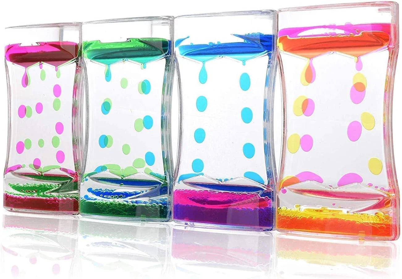 Four colorful liquid motion timers with dripping oil bubbles in clear plastic cases