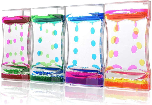 Four colorful liquid motion timers with dripping oil bubbles in clear plastic cases