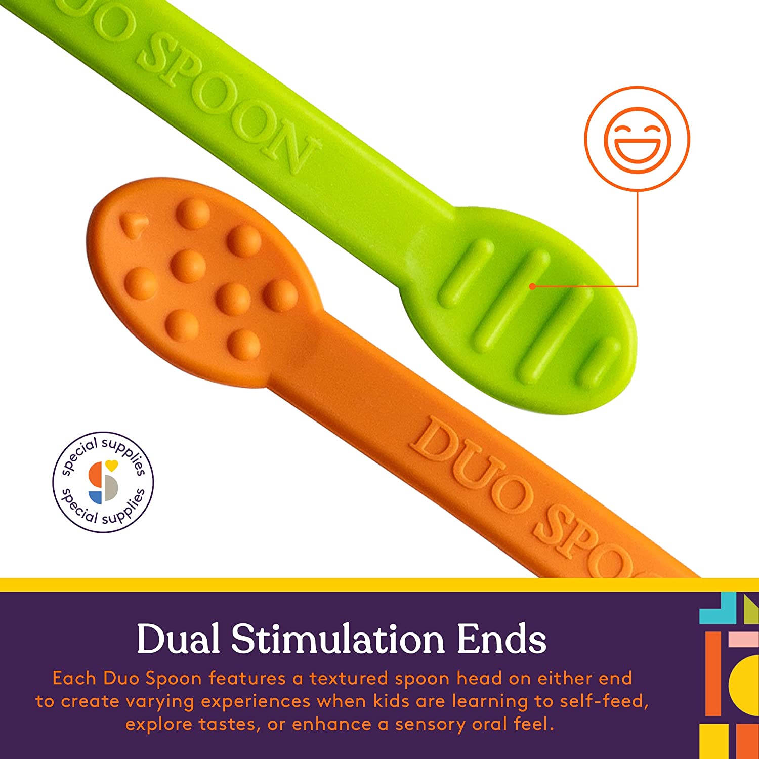 Two Duo Spoons, one green and one orange, with text about dual stimulation ends on a white background.