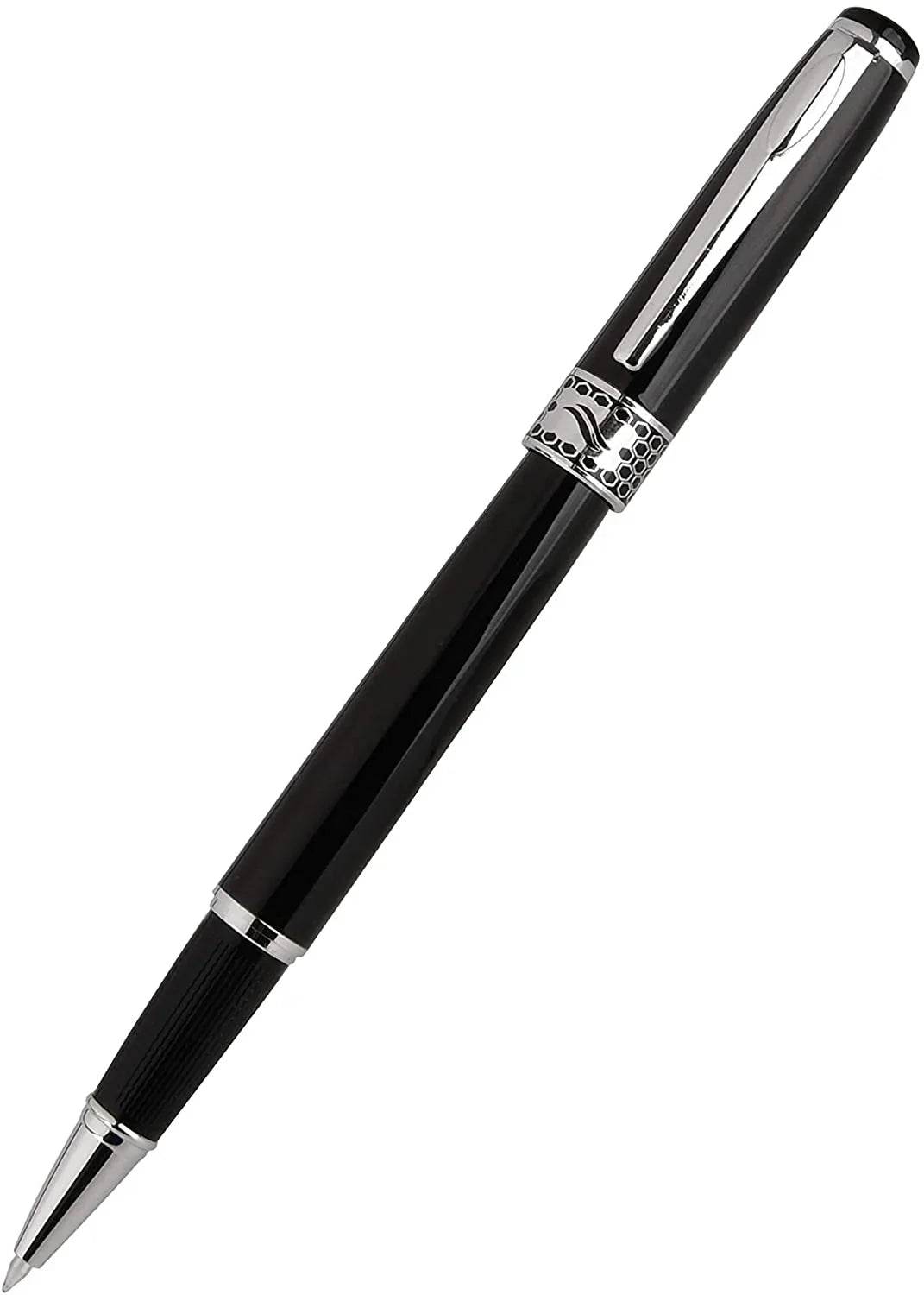Black and silver metal rollerball pen with decorative band on a white background