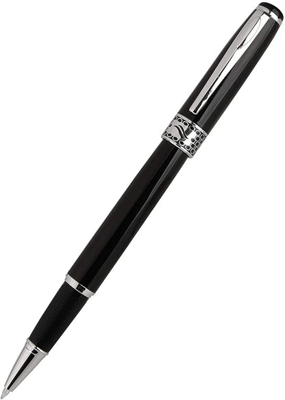 Black and silver metal rollerball pen with decorative band on a white background