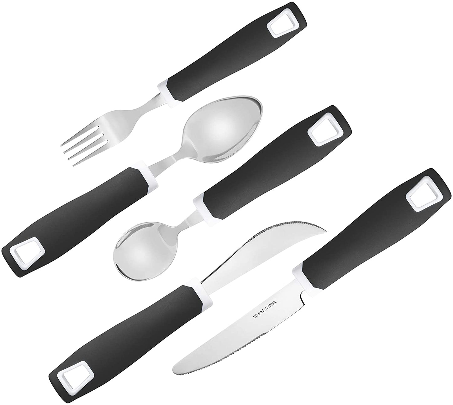 Set of 5 Black Adaptive Utensils - Stainless Steel Knife, Rocker Knife, Fork, Soup Spoon, Dinner Spoon - Insight Family Market