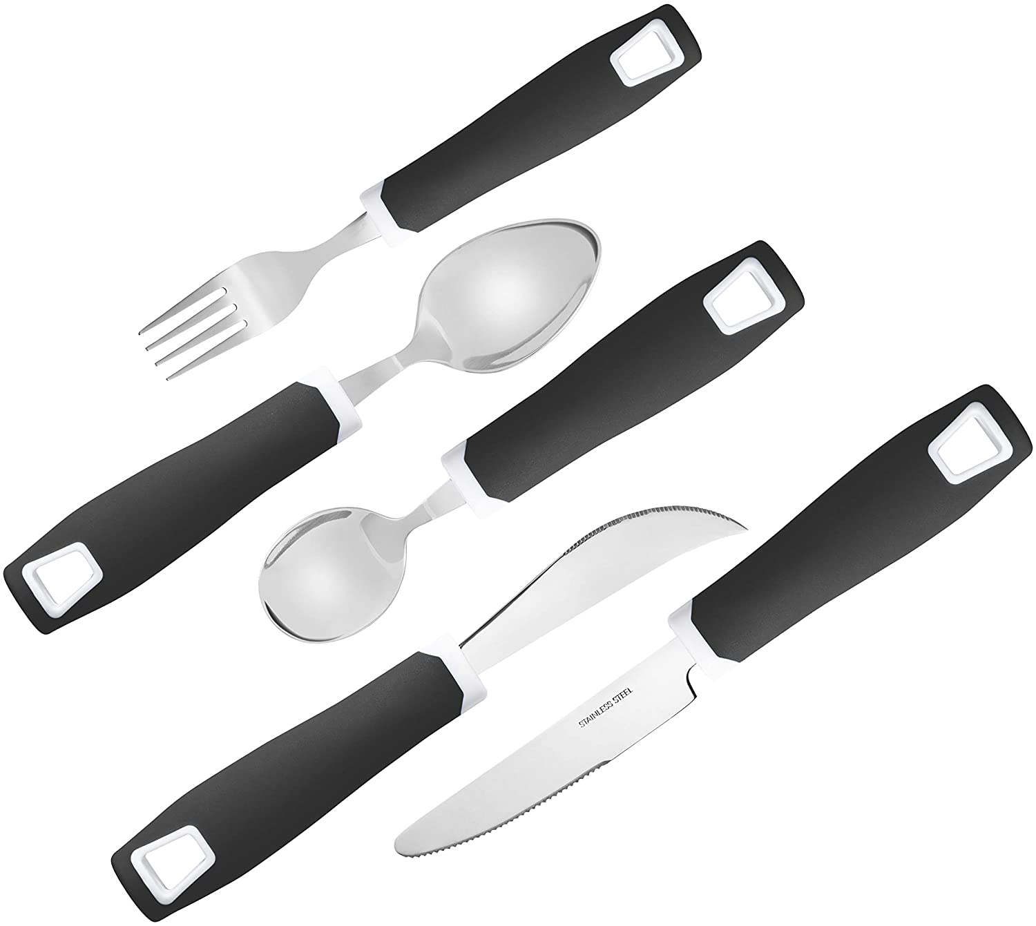 Set of 5 Black Adaptive Utensils - Stainless Steel Knife, Rocker Knife, Fork, Soup Spoon, Dinner Spoon - Insight Family Market