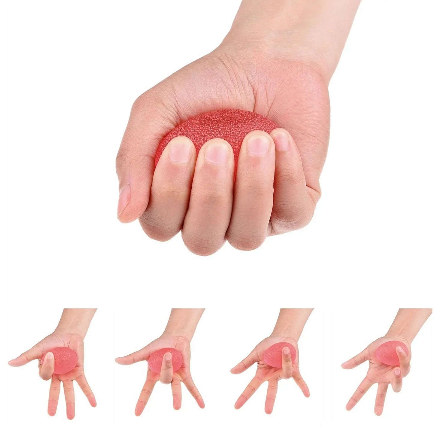 Hand squeezing a red sensory stress ball, shown in different finger exercise positions.