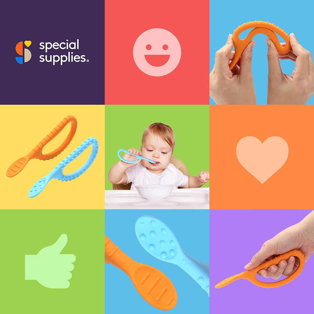 Special Supplies Duo Spoon Loops Oral Motor Therapy Tools, 2 Pack, Textured Stimulation and Sensory Input Treatment for Babies, Toddlers or Kids, BPA Free Silicone with Flexible, Easy Handle - Blue & Orange - Insight Family Market