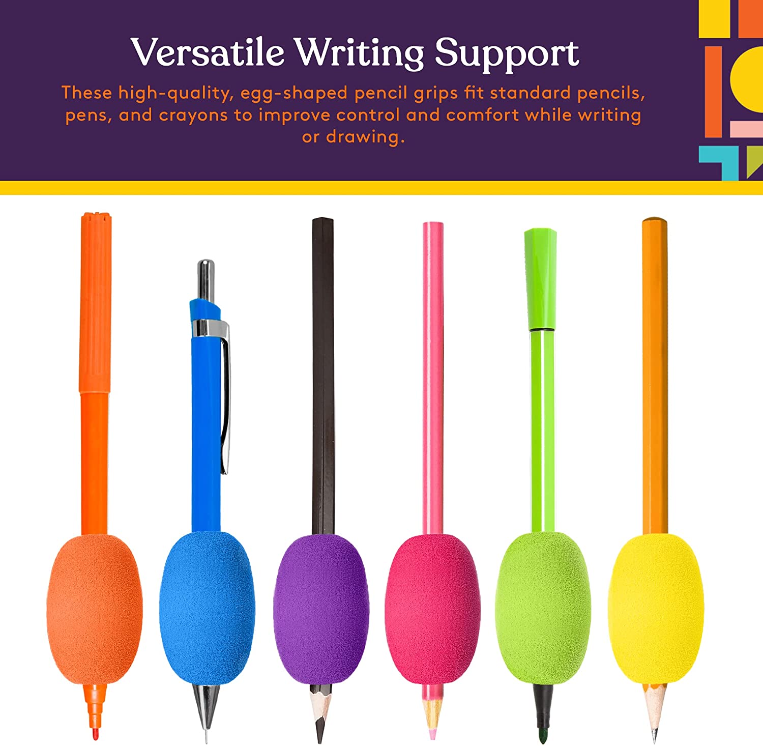 Colorful egg-shaped pencil grips on a white background with text about versatile writing support.