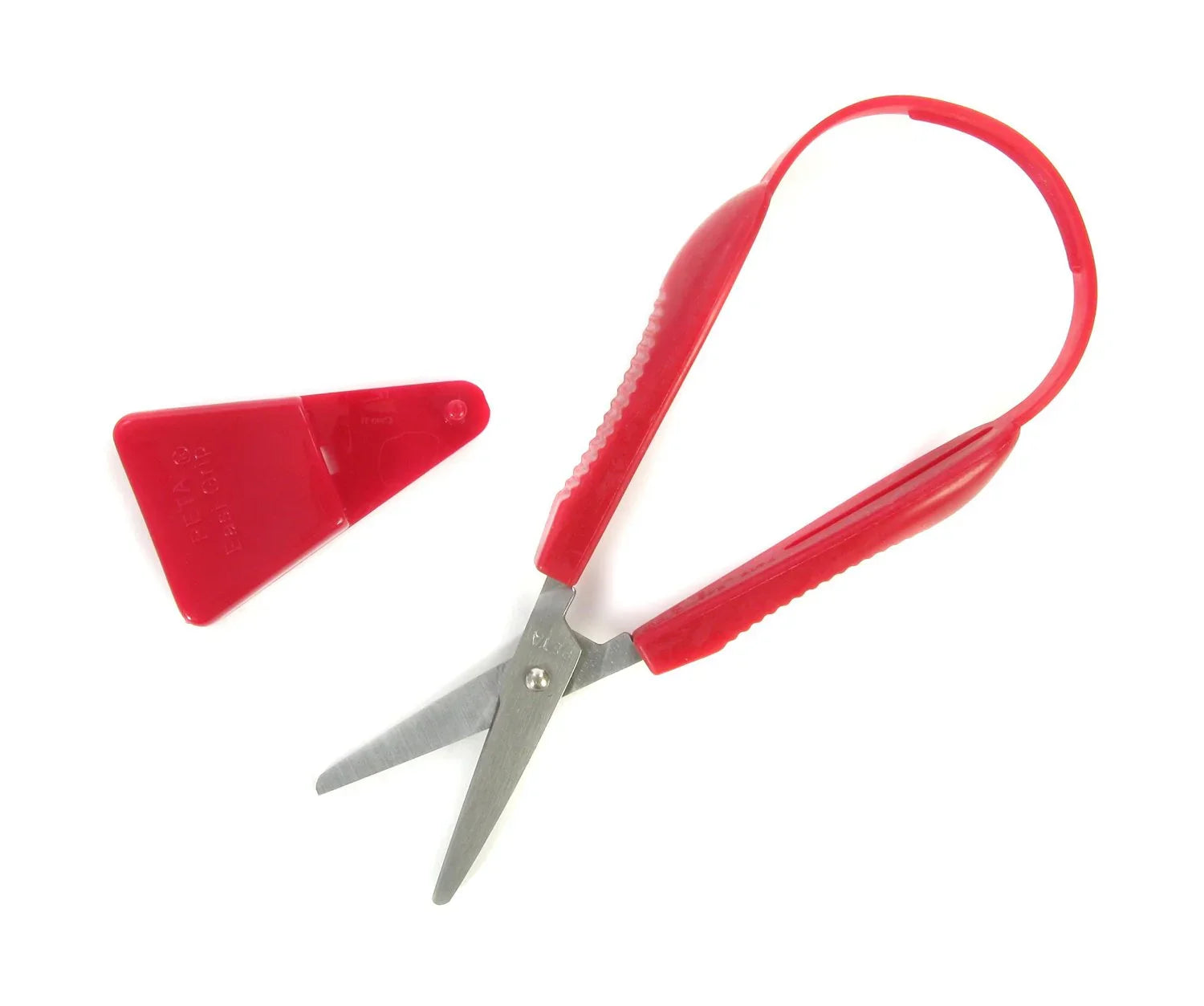 Red easy-grip adaptive scissors with safety cover for kids or special needs