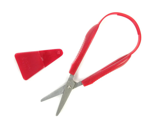 Red easy-grip adaptive scissors with safety cover for kids or special needs