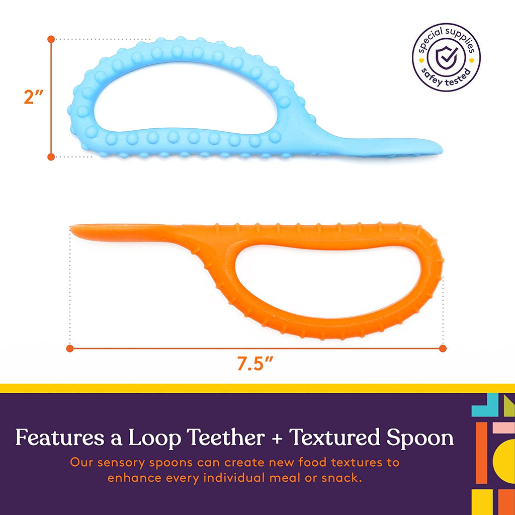 Special Supplies Duo Spoon Loops Oral Motor Therapy Tools, 2 Pack, Textured Stimulation and Sensory Input Treatment for Babies, Toddlers or Kids, BPA Free Silicone with Flexible, Easy Handle - Blue & Orange - Insight Family Market