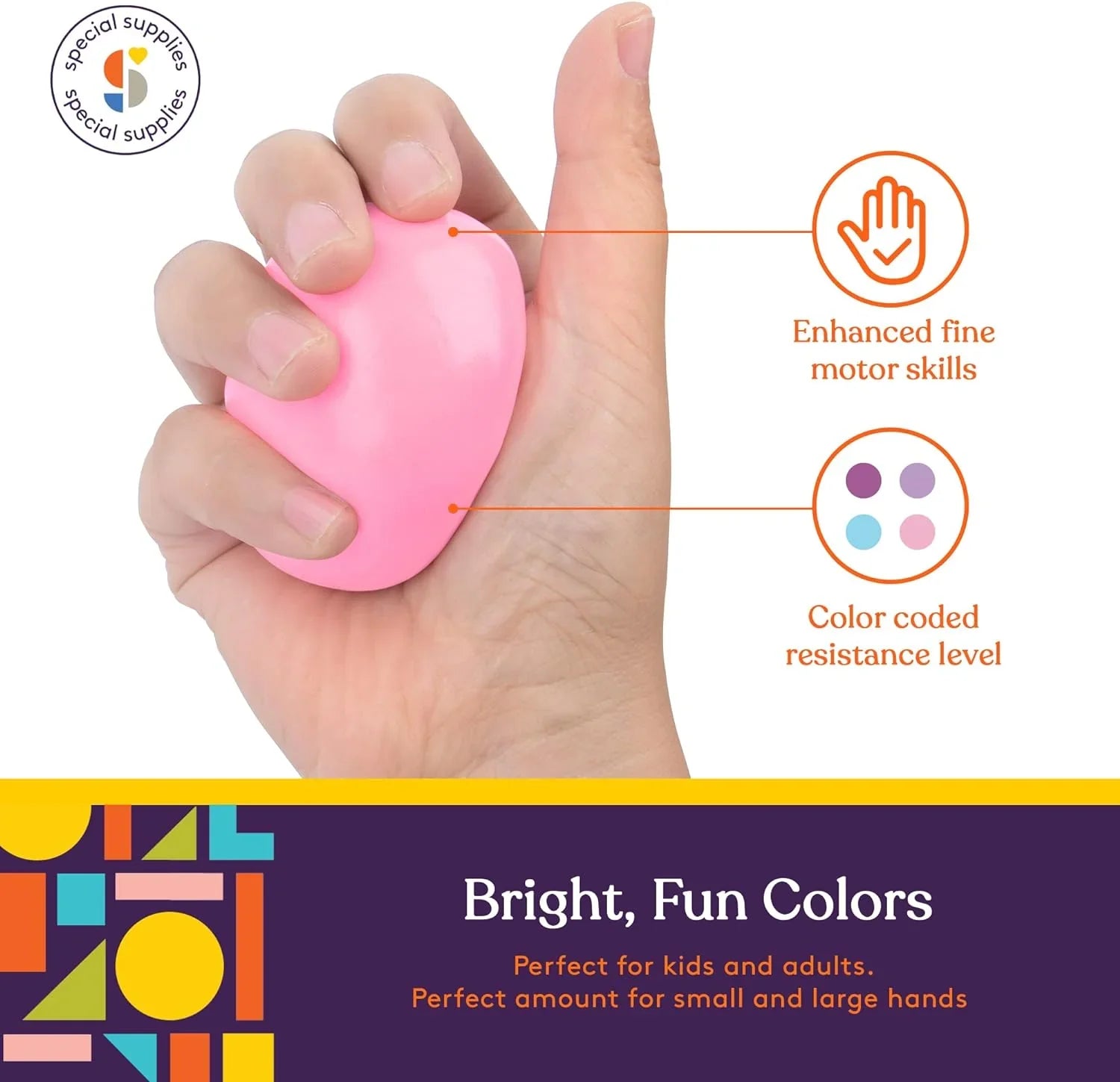 Hand squeezing pink sensory stress ball to support fine motor skills, color-coded resistance.
