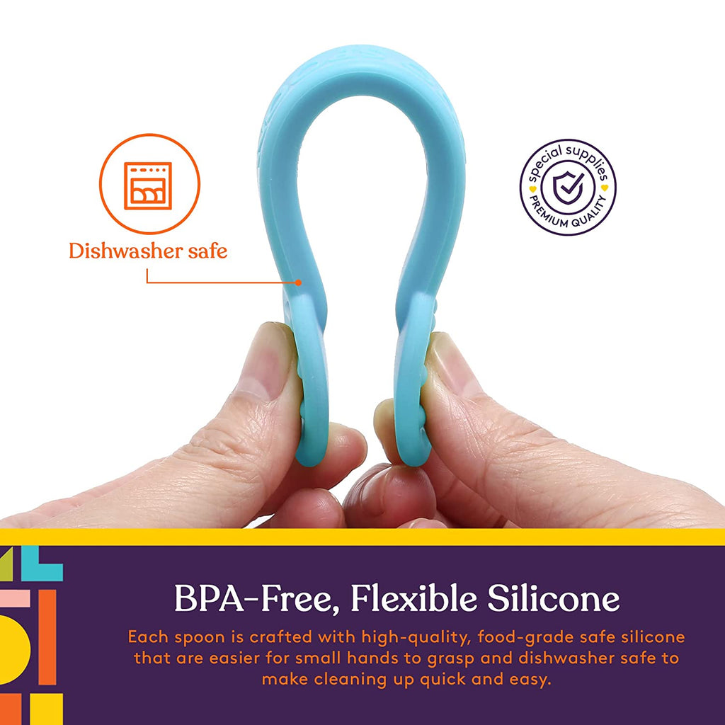 Blue silicone spoon held by a hand with product features highlighted on a white background