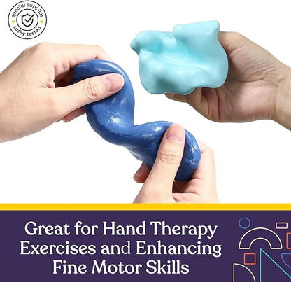 Hands stretching blue and light blue therapy putty for sensory and fine motor skill exercises.