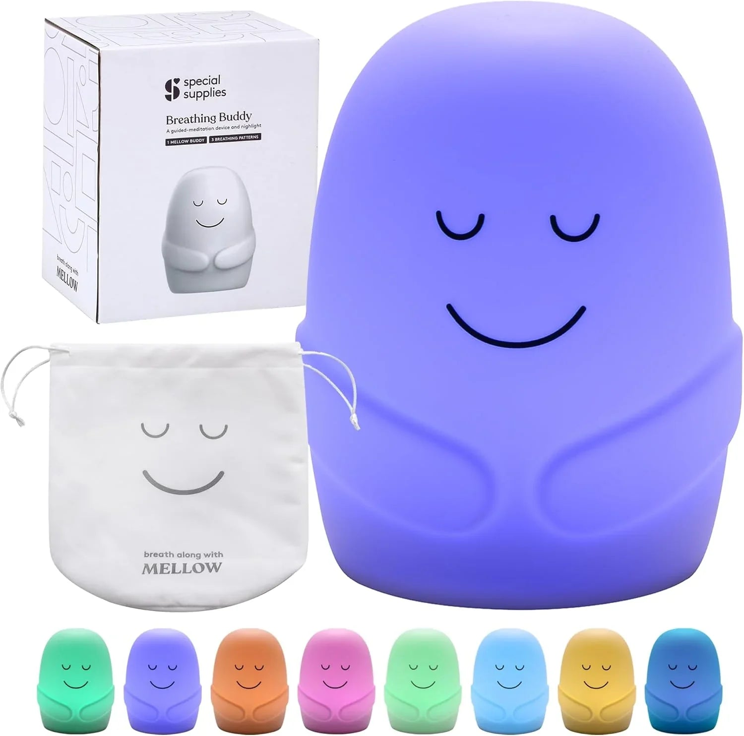 Breathing buddy meditation device for kids, purple night light, and storage pouch with multiple color options