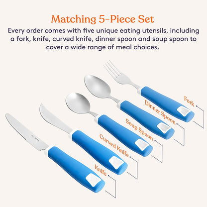 Set of 5 Blue Adaptive Utensils - Stainless Steel Knife, Rocker Knife, Fork, Soup Spoon, Dinner Spoon - Insight Family Market