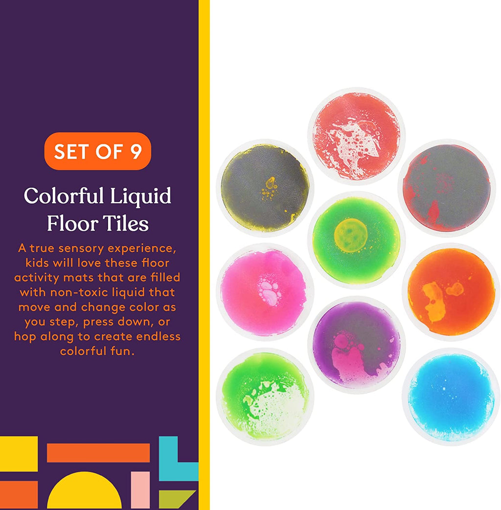 Set of 9 colorful liquid floor tiles with a promotional text on a purple background