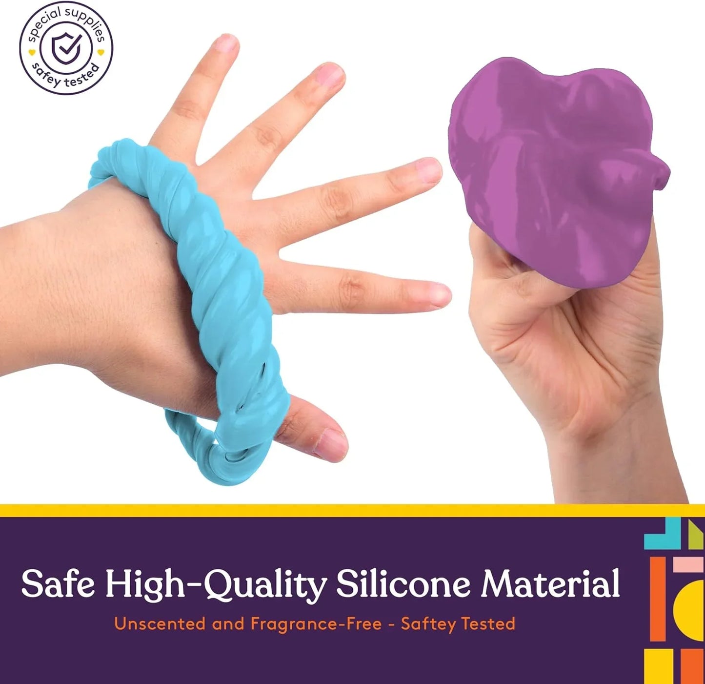 Hands holding and stretching blue and purple sensory silicone fidget toys for kids