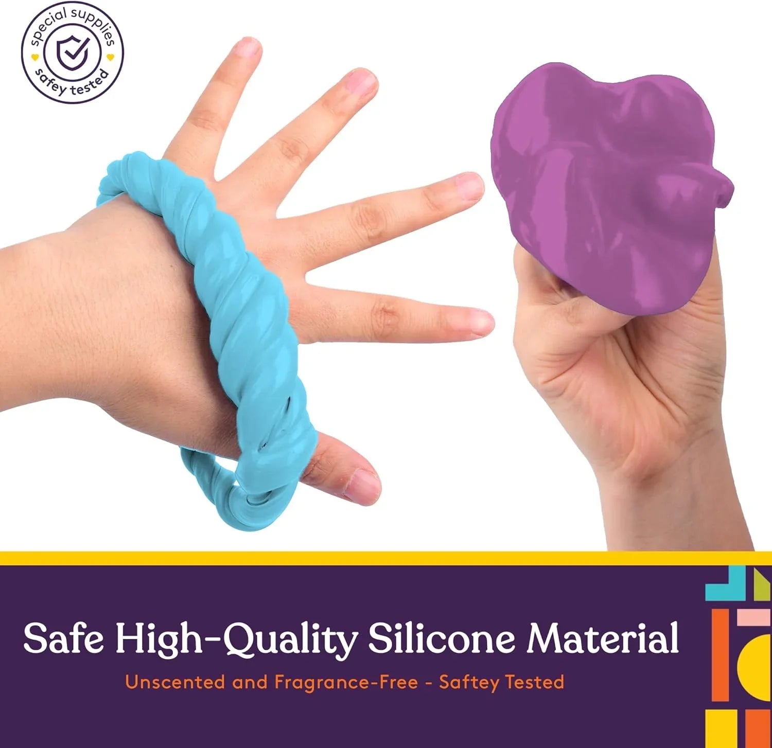 Hands holding and stretching blue and purple sensory silicone fidget toys for kids
