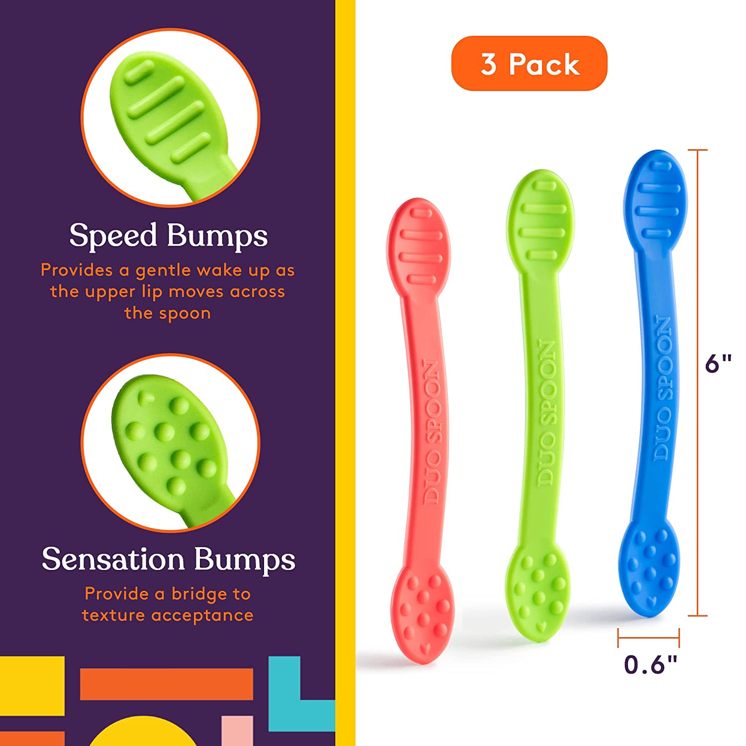 Three colorful baby spoons with text explaining features on a purple background