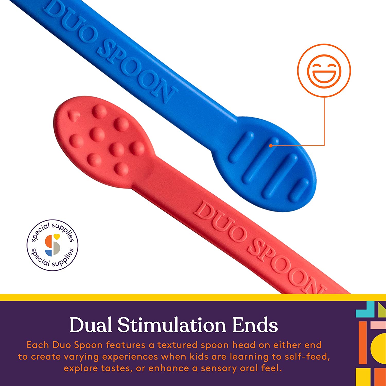Red and blue Duo Spoons with text and logo on a white background