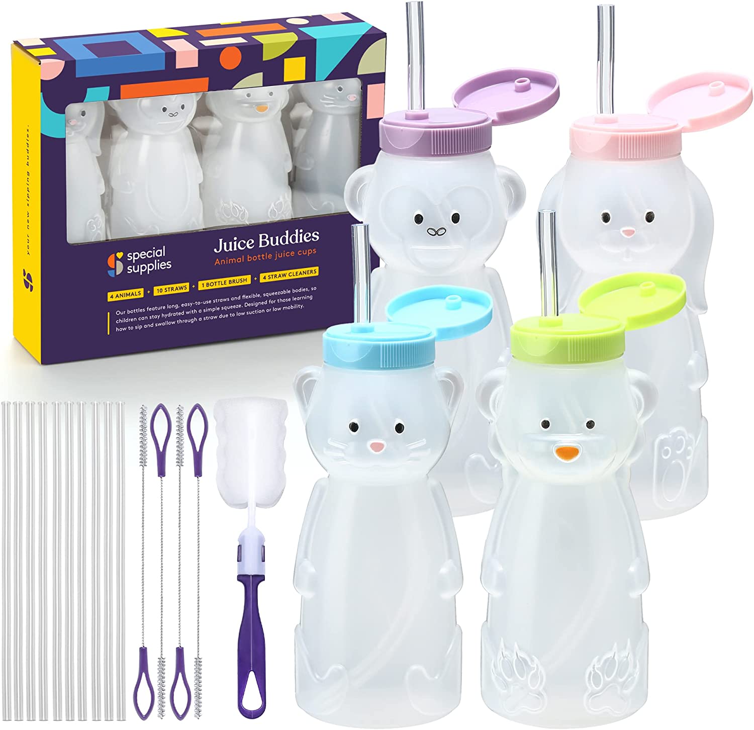 4 - Pack Juice Buddies straw cup Long Straws, Squeezable Therapy and Special Needs Assistive Drink Container, Spill Proof and Leak Resistant Lid - Insight Family Market