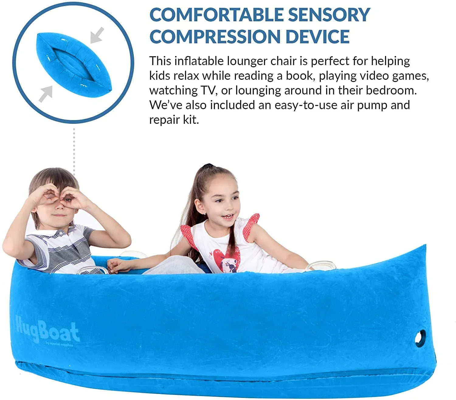 Two children sitting in a blue sensory compression inflatable lounger for relaxation and comfort.