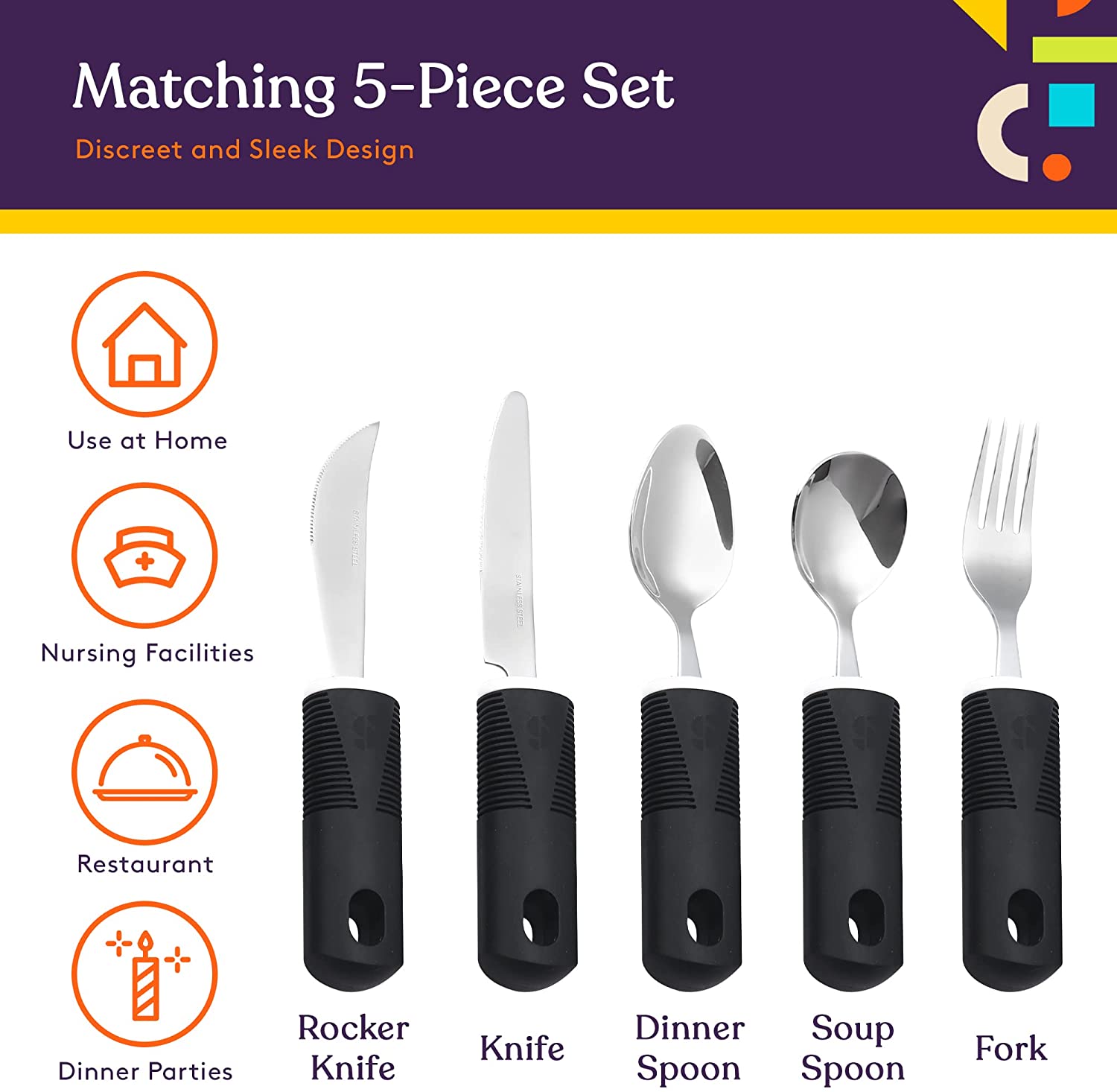 Adaptive Utensils - Arthritis Aid Silverware Set for Parkinsons, Hand Tremors - Easy Grip for Shaking, Elderly & Trembling Hands - Stainless Steel Spoons, Fork & Knifes Included - Black - Insight Family Market