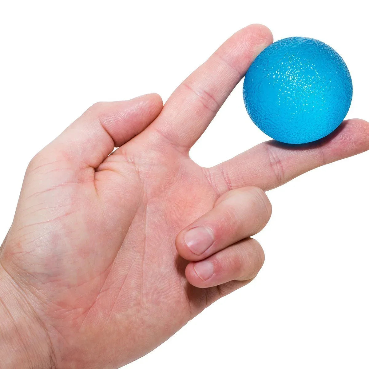 Hand holding blue sensory stress ball for fidgeting and tactile therapy