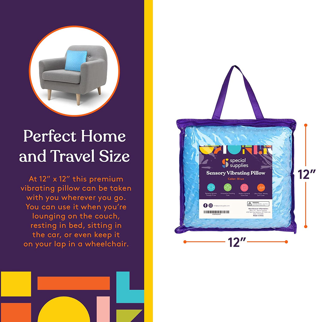 Sensory Vibrating Pillow – Pressure - Activated Calming Support for Kids & Adults, 12” Plush with Textured Bumps, 3 Vibration Modes, Music & Voice Recording (Blue) - Insight Family Market